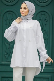 Neva Style - Boncuk Detaylı Beyaz Tesettür Tunik 603B - Thumbnail