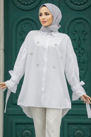 Neva Style - Boncuk Detaylı Beyaz Tesettür Tunik 603B - Thumbnail