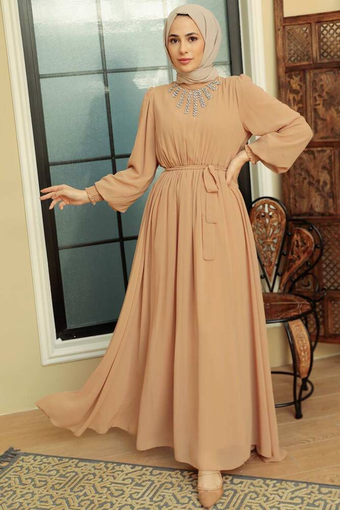 Neva Style - Boncuk Detaylı Bisküvi Tesettür Elbise 10411BS - 1