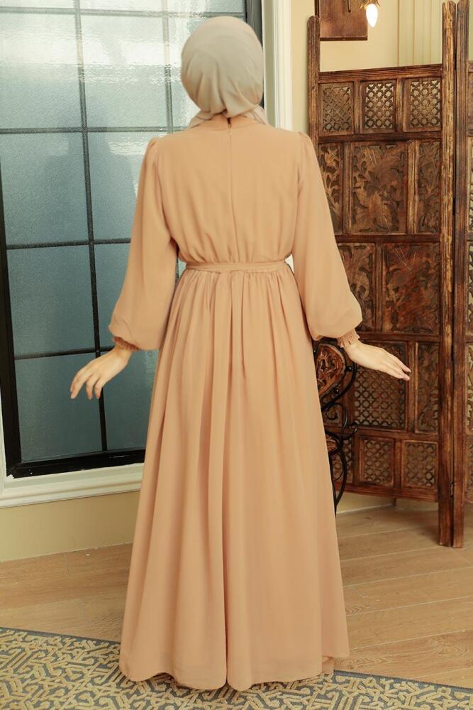 Neva Style - Boncuk Detaylı Bisküvi Tesettür Elbise 10411BS - 2