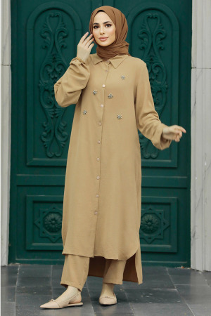 Neva Style - Boncuk Detaylı Bisküvi Tesettür İkili Takım 12082BS - 2