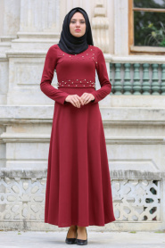 Neva Style - Boncuk Detaylı Bordo Tesettür Elbise 100130BR - Thumbnail