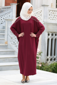 Neva Style - Boncuk Detaylı Bordo Tesettür Elbise 1009BR - Thumbnail