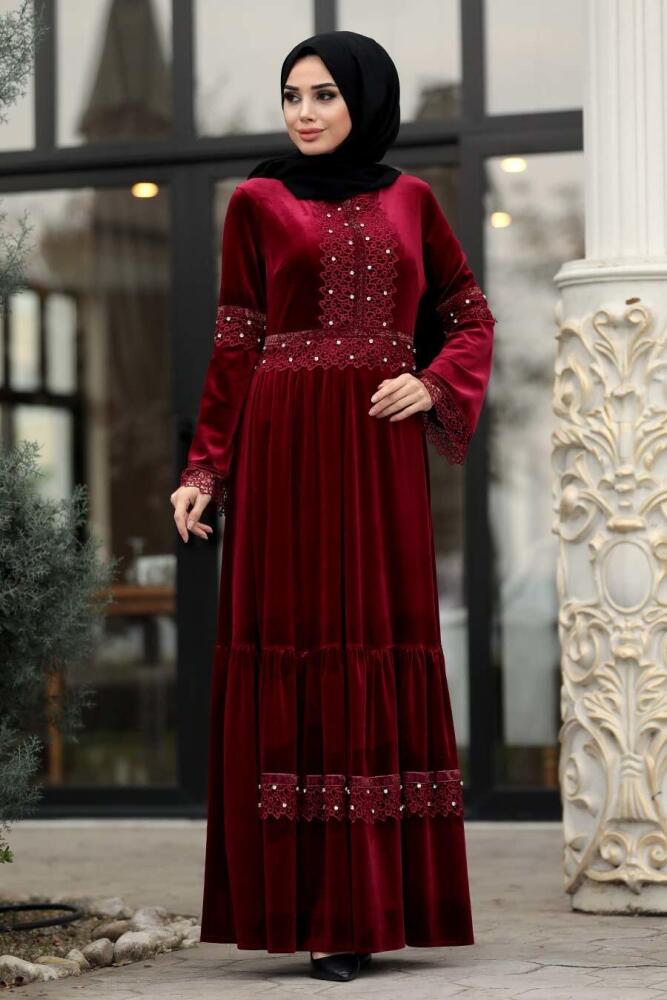 Neva Style - Boncuk Detaylı Bordo Tesettür Kadife Elbise 1470BR - 1