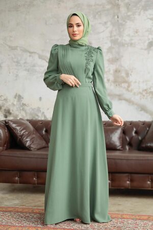 Neva Style - Boncuk Detaylı Çağla Yeşili Tesettür Elbise 37351CY - 1