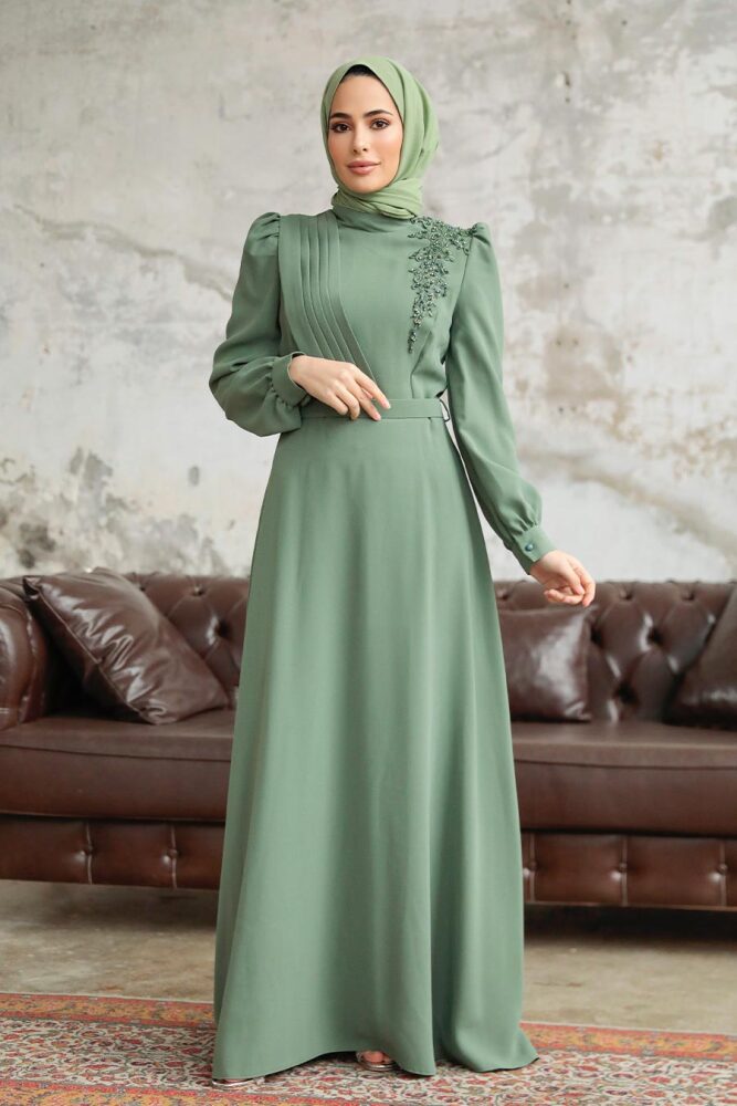Neva Style - Boncuk Detaylı Çağla Yeşili Tesettür Elbise 37351CY - 1