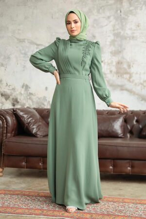 Neva Style - Boncuk Detaylı Çağla Yeşili Tesettür Elbise 37351CY - 2