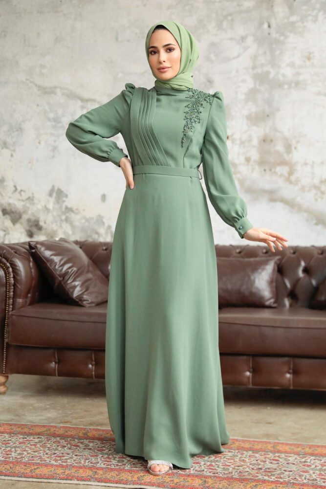Neva Style - Boncuk Detaylı Çağla Yeşili Tesettür Elbise 37351CY - 2