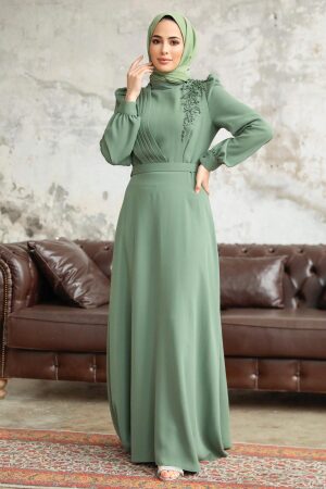 Neva Style - Boncuk Detaylı Çağla Yeşili Tesettür Elbise 37351CY - 3