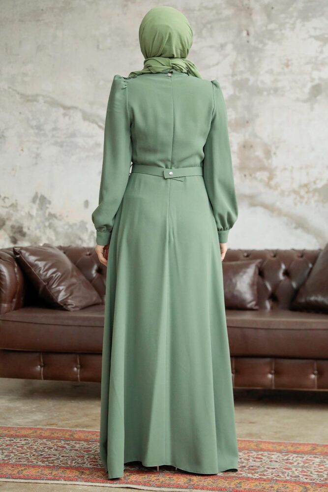 Neva Style - Boncuk Detaylı Çağla Yeşili Tesettür Elbise 37351CY - 4