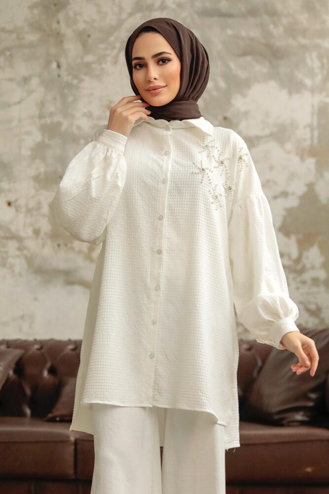 Neva Style - Boncuk Detaylı Ekru Tesettür Tunik 11221E - 2