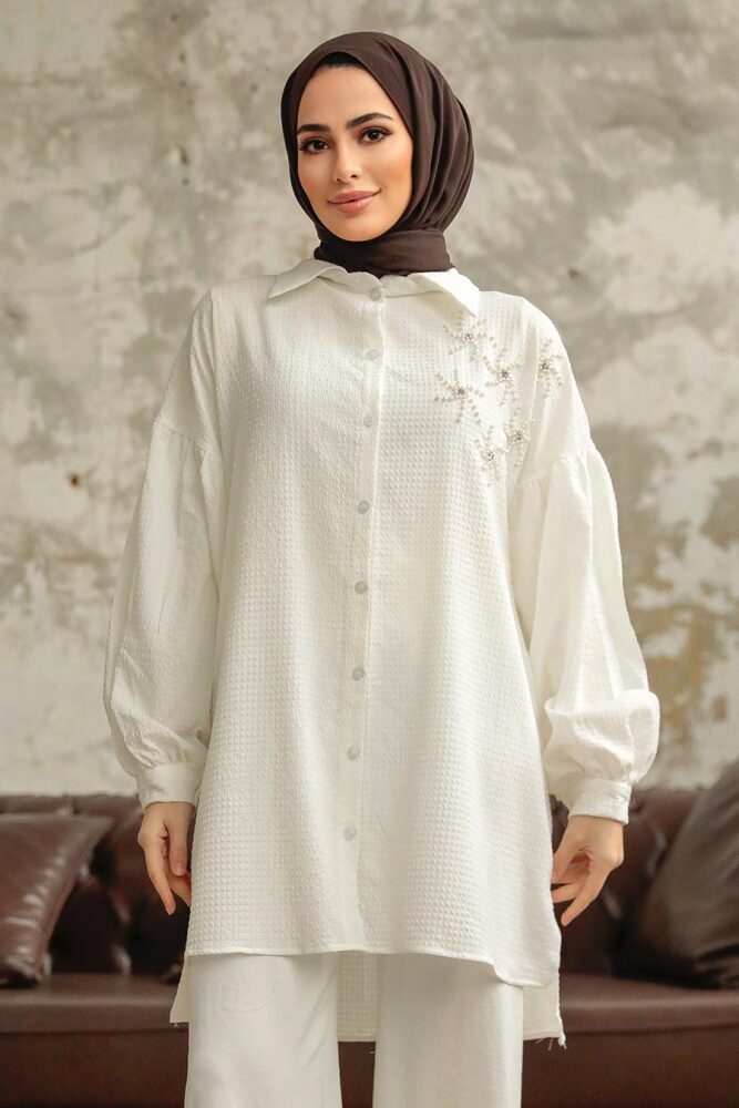 Neva Style - Boncuk Detaylı Ekru Tesettür Tunik 11221E - 1