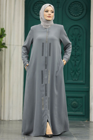 Neva Style - Boncuk Detaylı Gri Tesettür Rabia Krep Ferace 616GR - 3