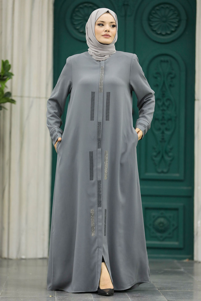 Neva Style - Boncuk Detaylı Gri Tesettür Rabia Krep Ferace 616GR - 3