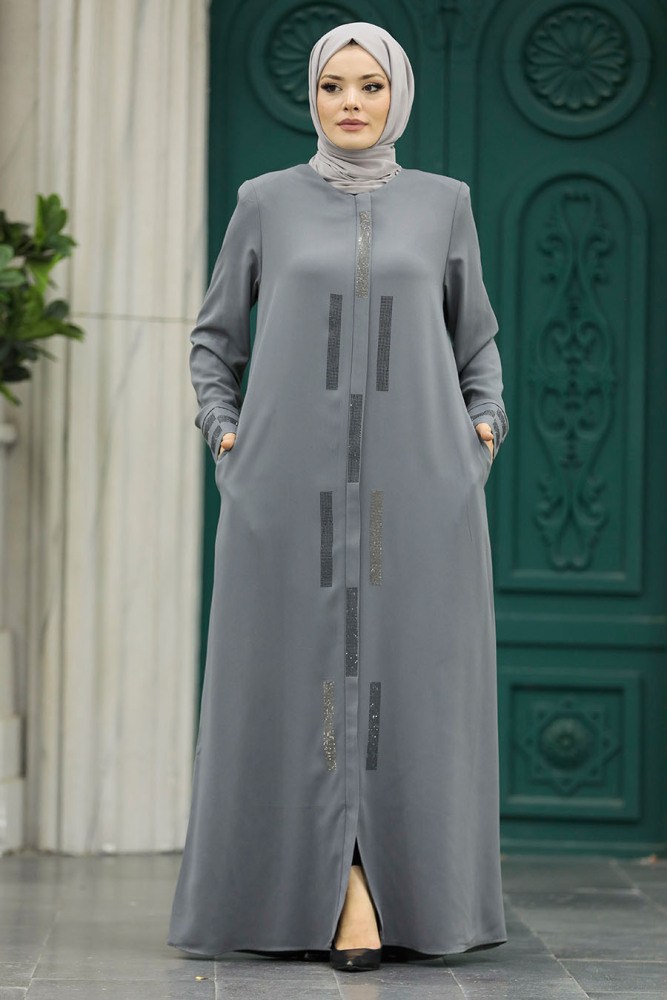 Neva Style - Boncuk Detaylı Gri Tesettür Rabia Krep Ferace 616GR - 1