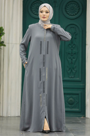 Neva Style - Boncuk Detaylı Gri Tesettür Rabia Krep Ferace 616GR - 2