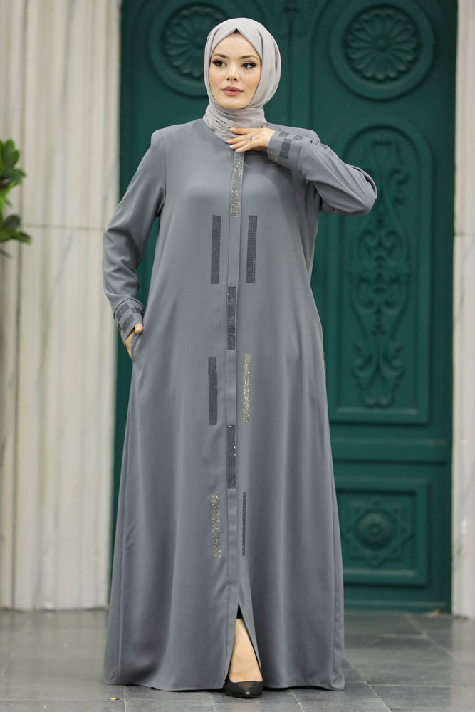 Neva Style - Boncuk Detaylı Gri Tesettür Rabia Krep Ferace 616GR - 2