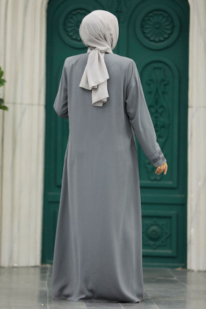 Neva Style - Boncuk Detaylı Gri Tesettür Rabia Krep Ferace 616GR - 4
