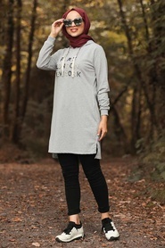 Neva Style - Boncuk Detaylı Gri Tesettür Sweatshirt & Tunik 85041GR - Thumbnail