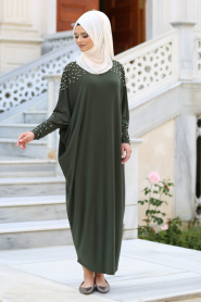Neva Style - Boncuk Detaylı Haki Tesettür Elbise 1009HK - Thumbnail