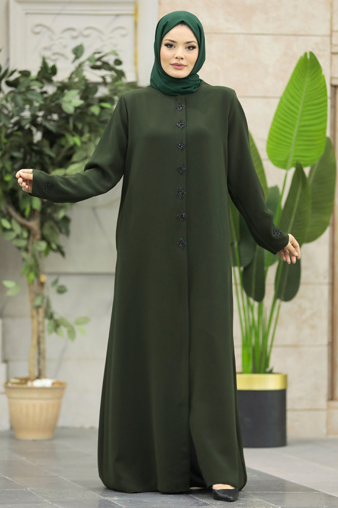 Neva Style - Boncuk Detaylı Haki Tesettür Ferace 62535HK - 4