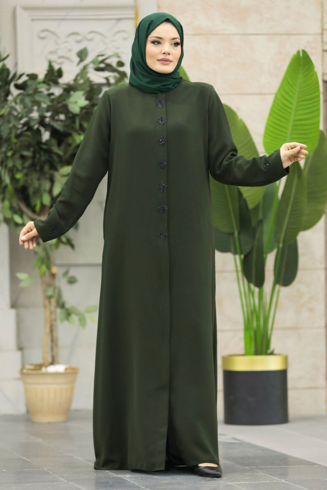 Neva Style - Boncuk Detaylı Haki Tesettür Ferace 62535HK - 2