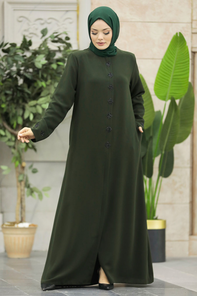 Neva Style - Boncuk Detaylı Haki Tesettür Ferace 62535HK - 3