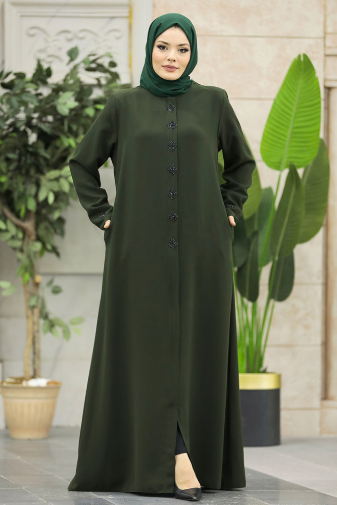 Neva Style - Boncuk Detaylı Haki Tesettür Ferace 62535HK - 1