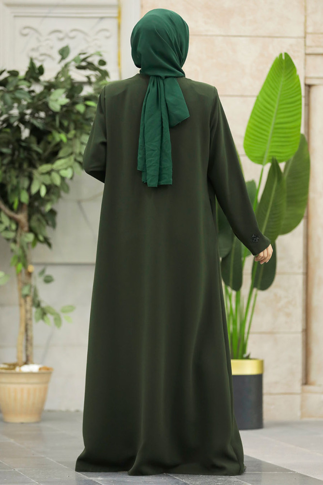 Neva Style - Boncuk Detaylı Haki Tesettür Ferace 62535HK - 5
