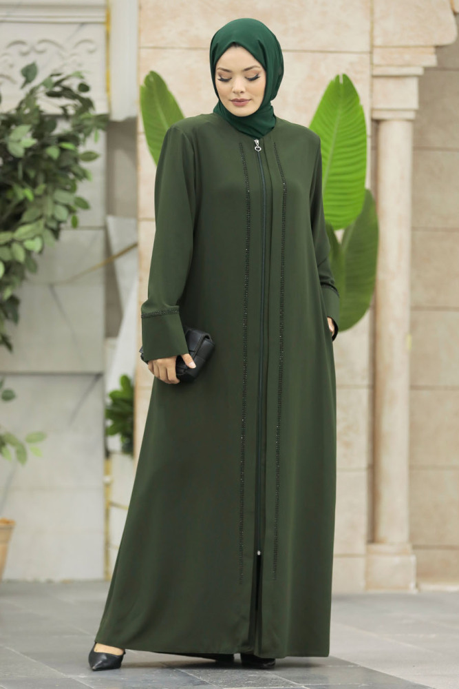 Neva Style - Boncuk Detaylı Haki Tesettür Ferace 62537HK - 2