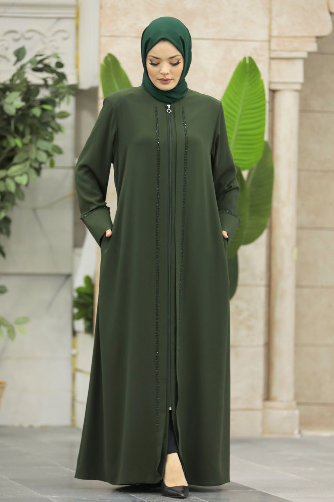 Neva Style - Boncuk Detaylı Haki Tesettür Ferace 62537HK - 3