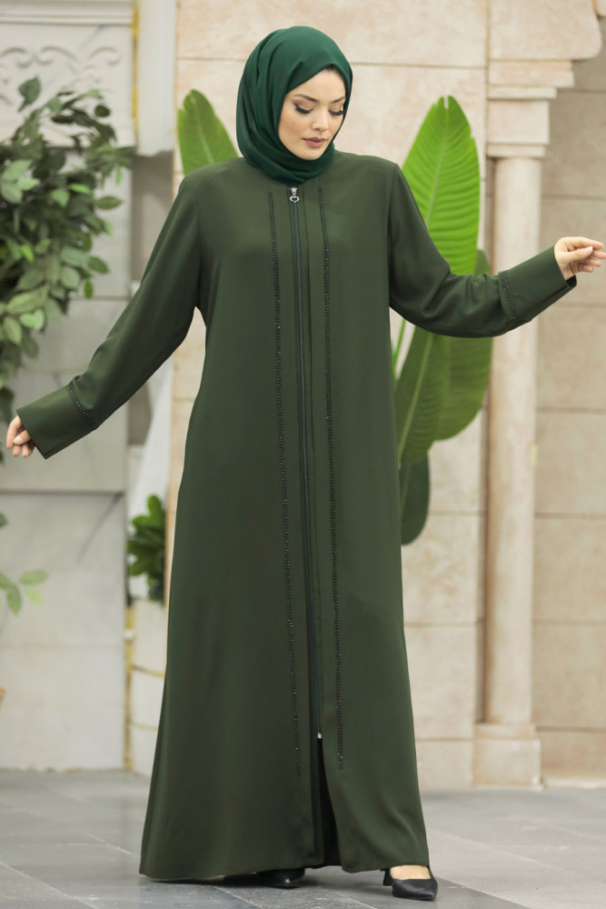 Neva Style - Boncuk Detaylı Haki Tesettür Ferace 62537HK - 1