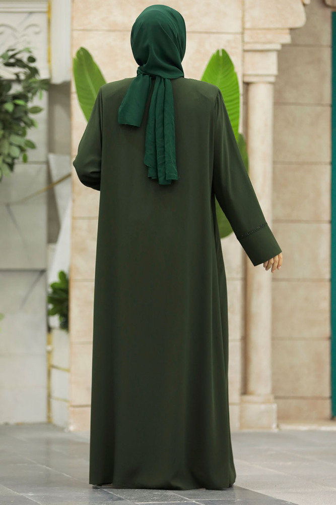 Neva Style - Boncuk Detaylı Haki Tesettür Ferace 62537HK - 4