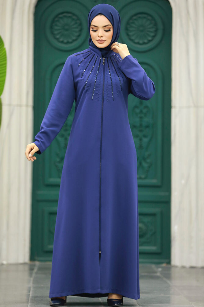 Neva Style - Boncuk Detaylı İndigo Mavisi Tesettür Ferace 10077IM - 6
