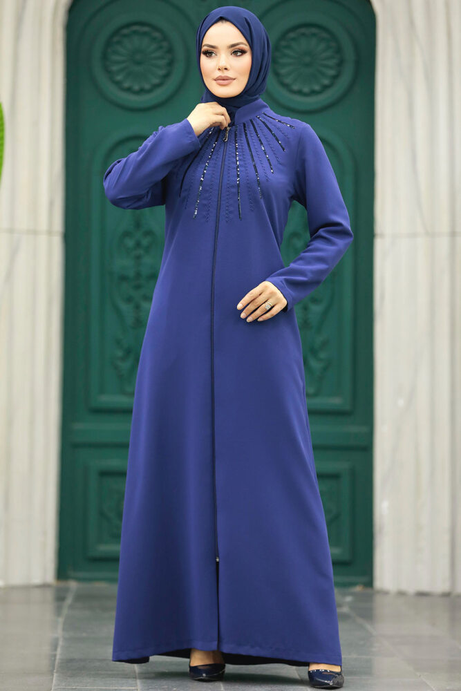 Neva Style - Boncuk Detaylı İndigo Mavisi Tesettür Ferace 10077IM - 2