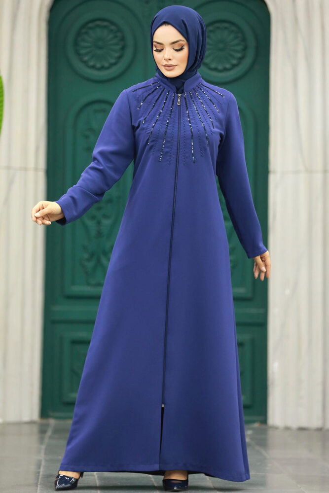 Neva Style - Boncuk Detaylı İndigo Mavisi Tesettür Ferace 10077IM - 3