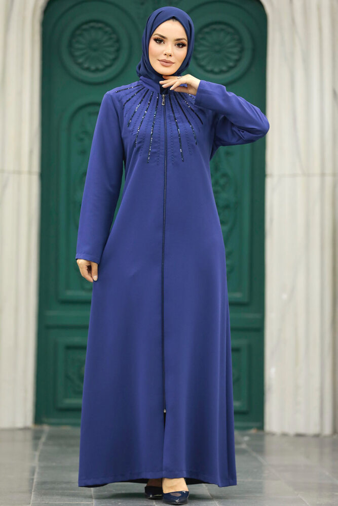 Neva Style - Boncuk Detaylı İndigo Mavisi Tesettür Ferace 10077IM - 4