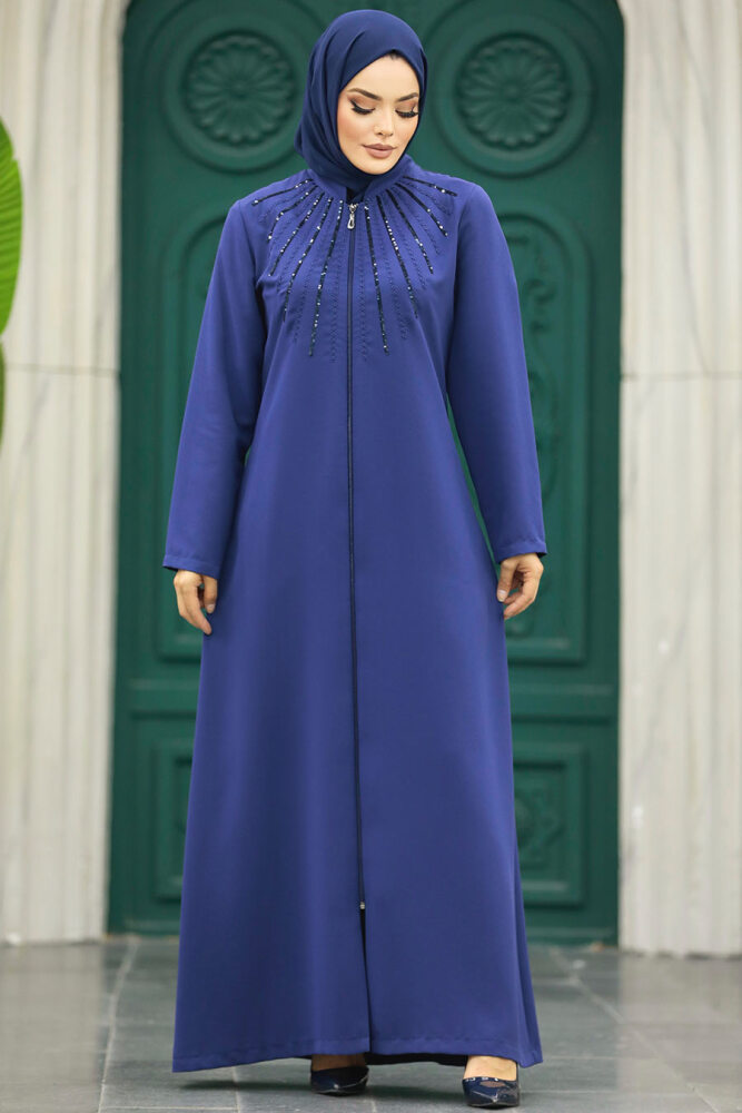 Neva Style - Boncuk Detaylı İndigo Mavisi Tesettür Ferace 10077IM - 5