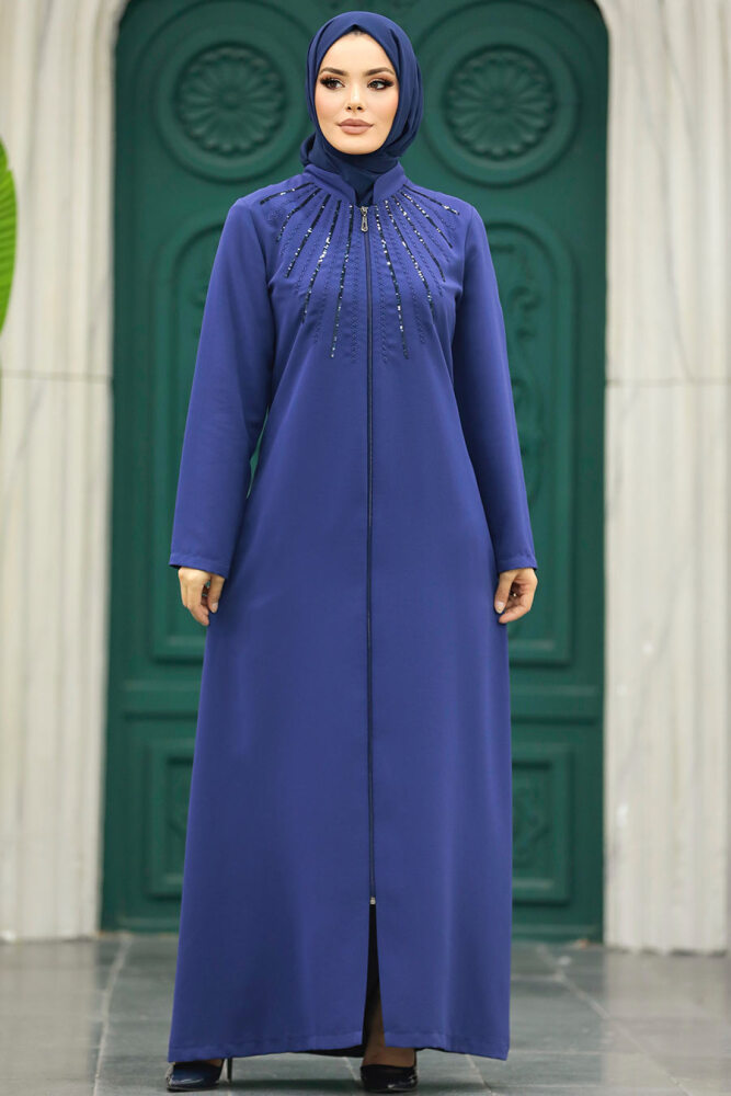 Neva Style - Boncuk Detaylı İndigo Mavisi Tesettür Ferace 10077IM - 1