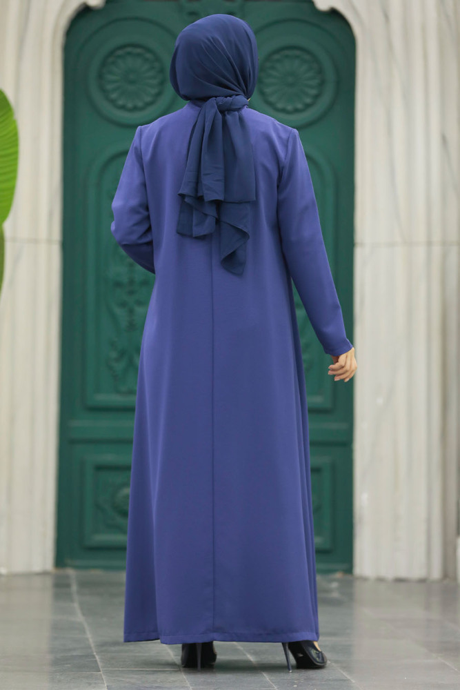 Neva Style - Boncuk Detaylı İndigo Mavisi Tesettür Ferace 10077IM - 7