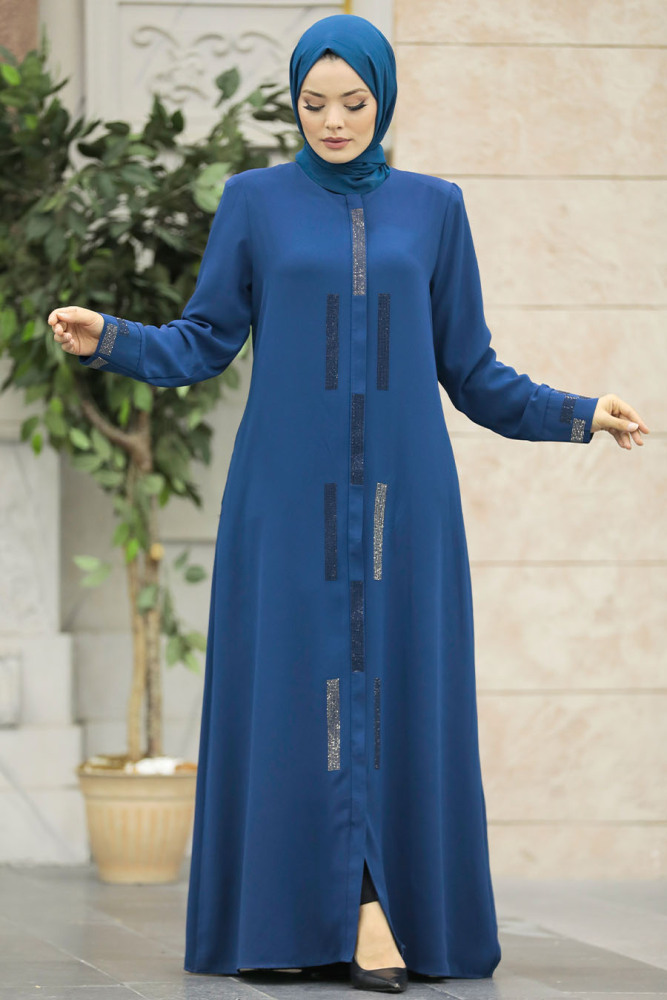 Neva Style - Boncuk Detaylı İndigo Mavisi Tesettür Rabia Krep Ferace 616IM - 1