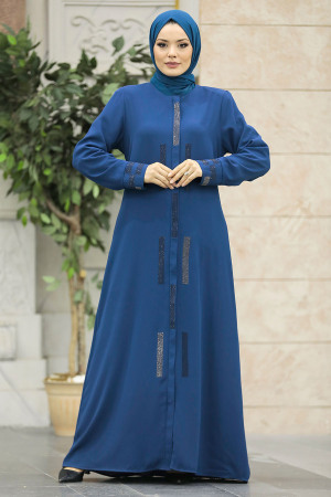 Neva Style - Boncuk Detaylı İndigo Mavisi Tesettür Rabia Krep Ferace 616IM - 2