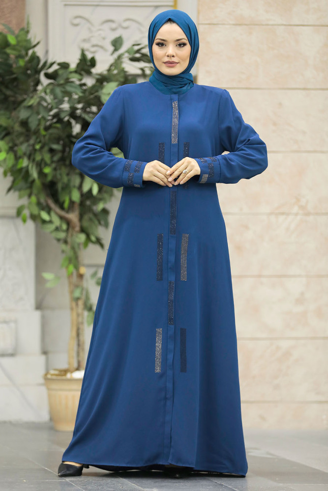 Neva Style - Boncuk Detaylı İndigo Mavisi Tesettür Rabia Krep Ferace 616IM - 2