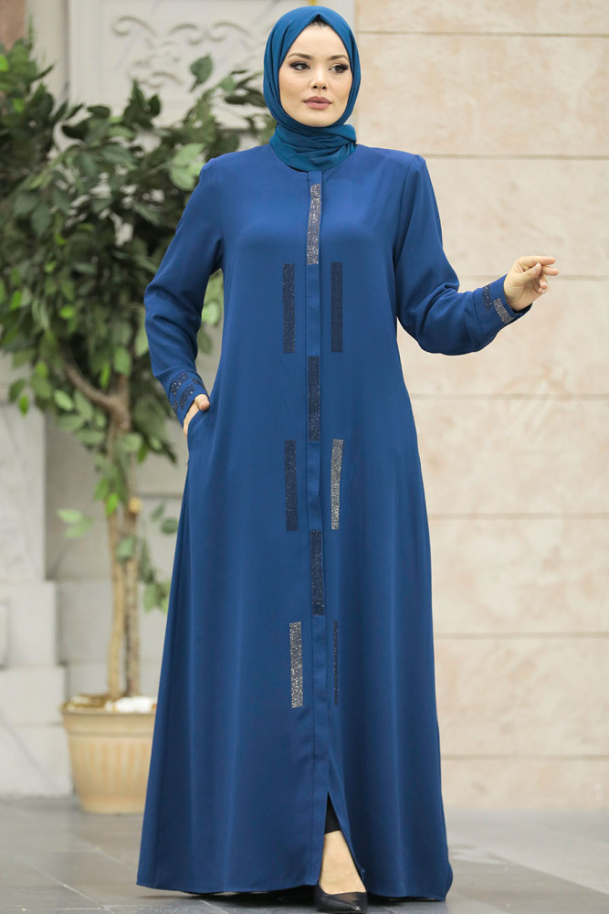 Neva Style - Boncuk Detaylı İndigo Mavisi Tesettür Rabia Krep Ferace 616IM - 3