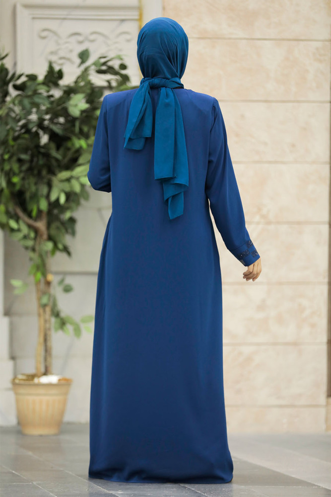 Neva Style - Boncuk Detaylı İndigo Mavisi Tesettür Rabia Krep Ferace 616IM - 4
