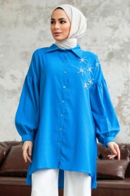 Neva Style - Boncuk Detaylı İndigo Mavisi Tesettür Tunik 11221IM - Thumbnail