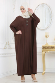 Neva Style - Boncuk Detaylı Kahverengi Tesettür Elbise 5327KH - Thumbnail
