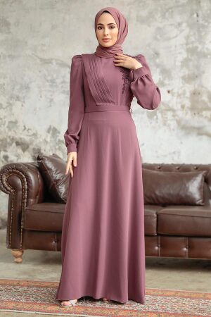 Neva Style - Boncuk Detaylı Koyu Gül Kurusu Tesettür Elbise 37351KGK - 1
