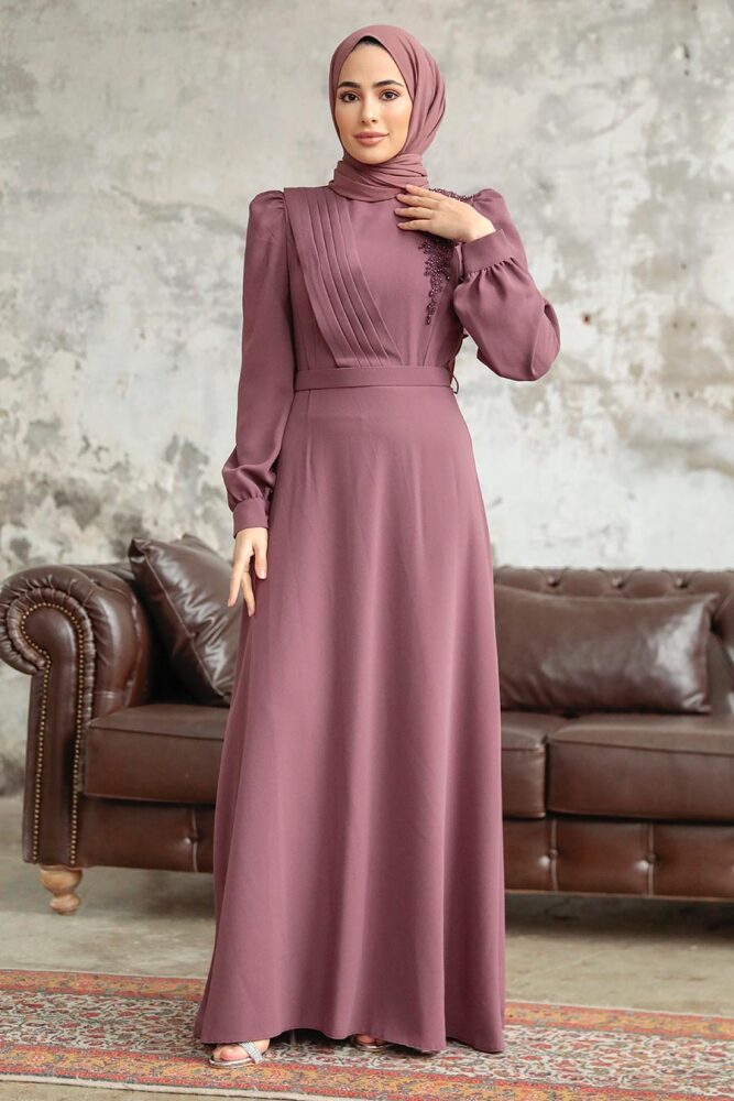 Neva Style - Boncuk Detaylı Koyu Gül Kurusu Tesettür Elbise 37351KGK - 1