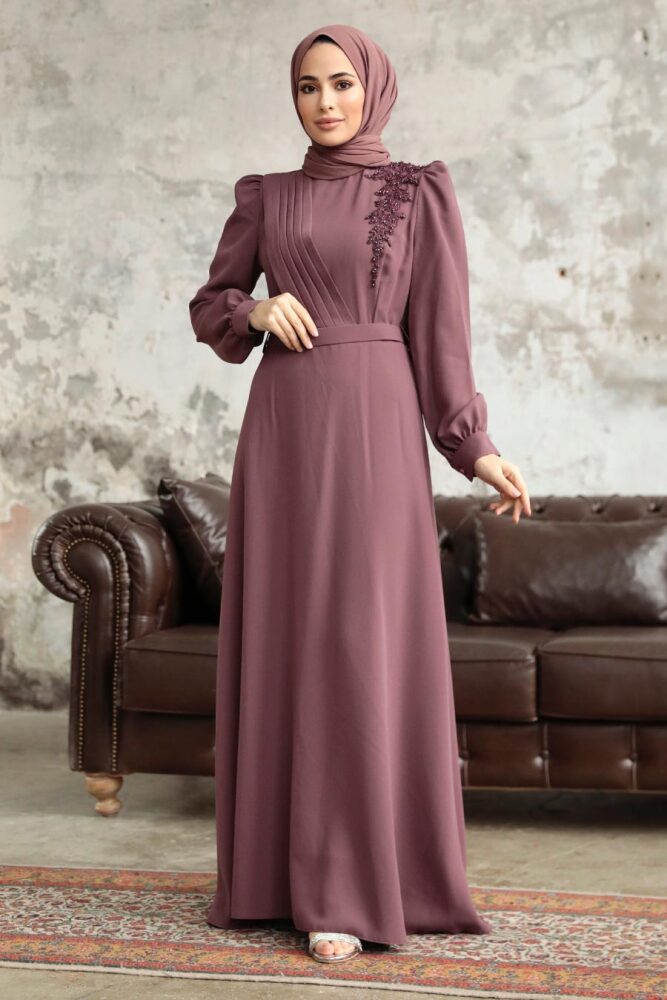Neva Style - Boncuk Detaylı Koyu Gül Kurusu Tesettür Elbise 37351KGK - 2